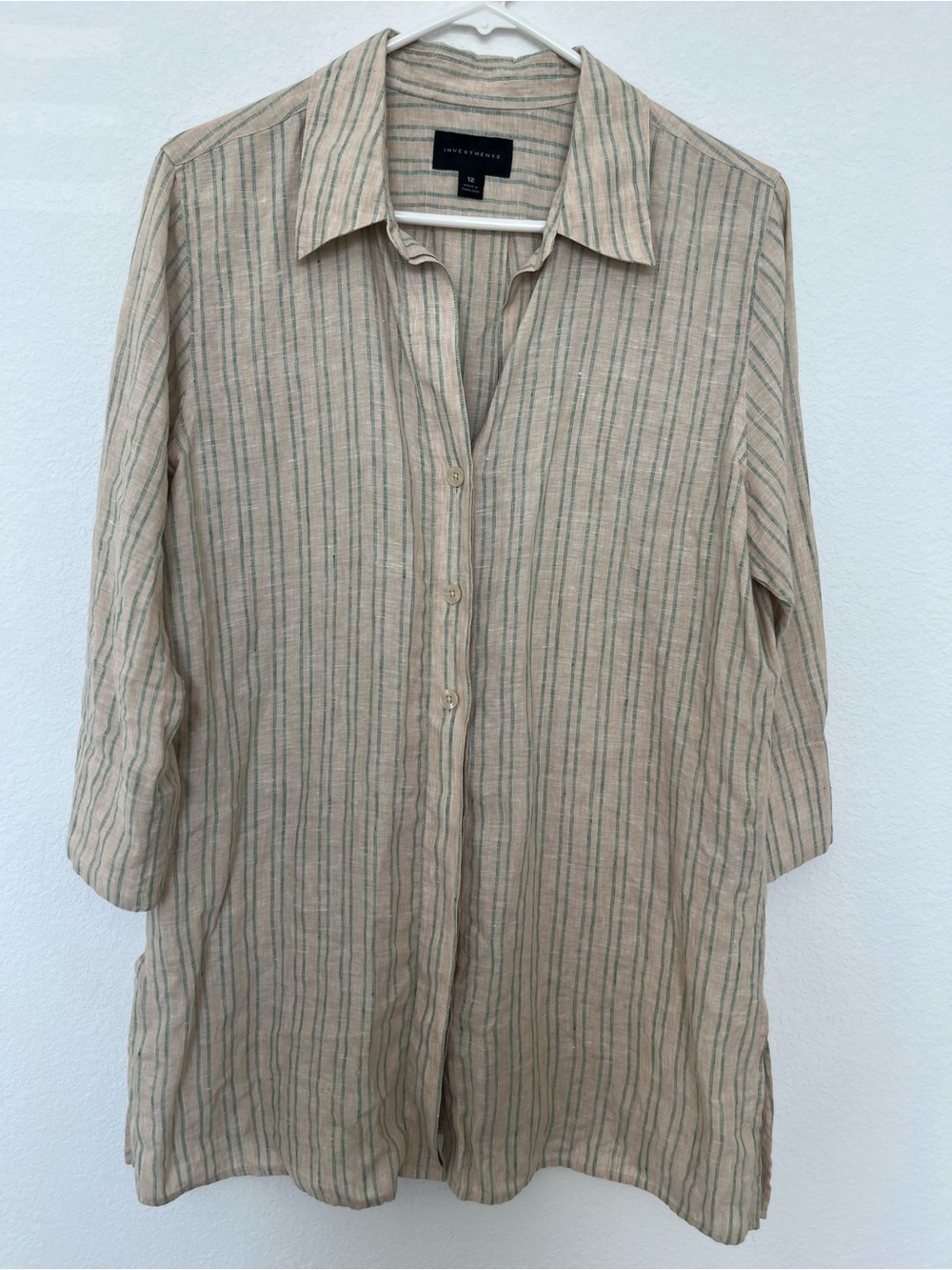 Investments Beige and Green Striped Linen Button-Front Shirt